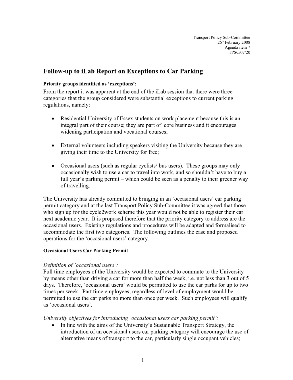 Follow up to Ilab Report on Exceptions to Car Parking