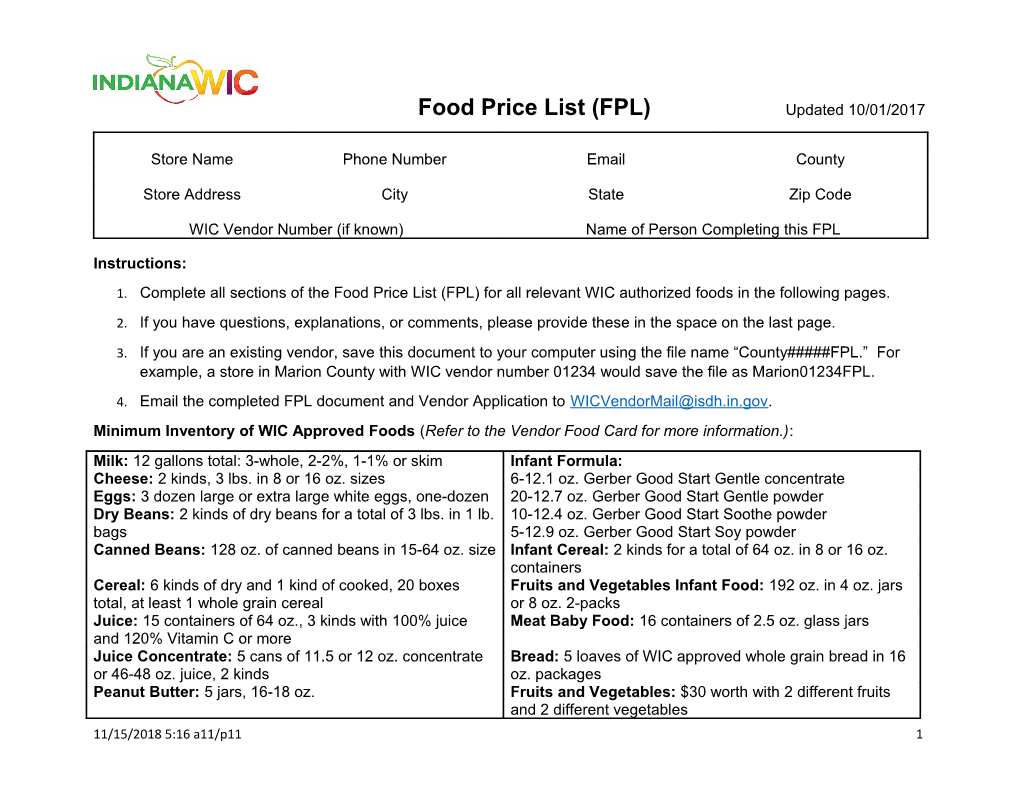 Food Price List (FPL) Updated 10/01/2017