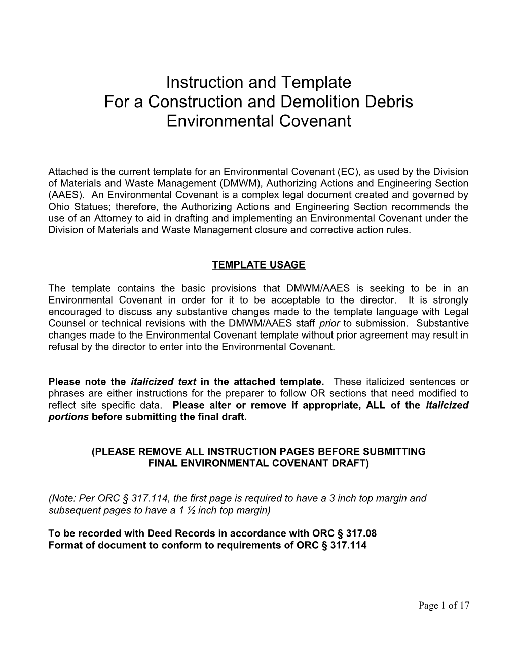 For a Construction and Demolition Debris Environmental Covenant