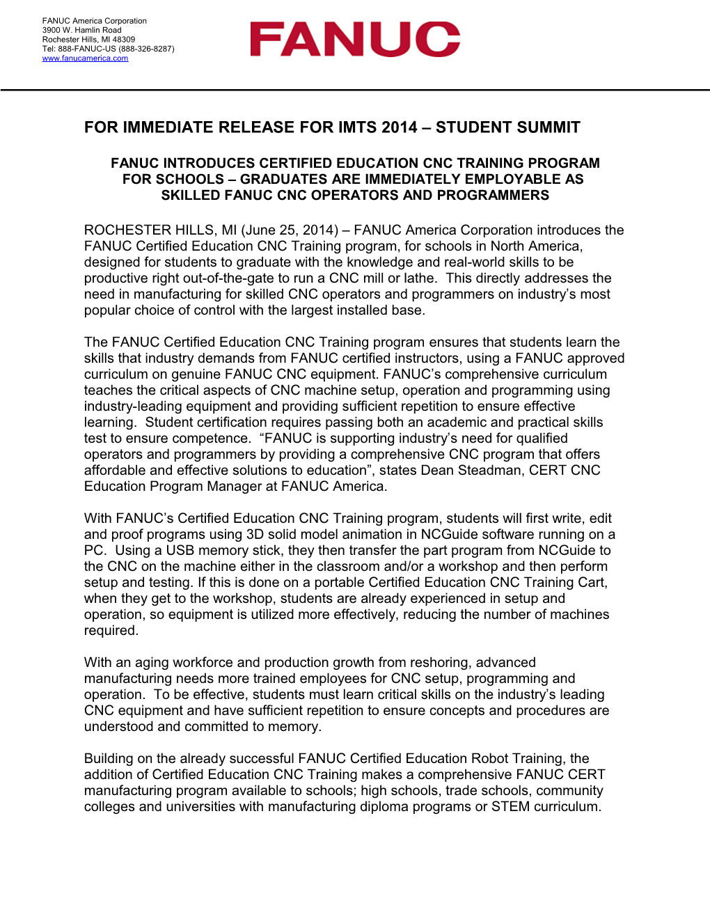For Immediate Release for Imts 2014 Student Summit