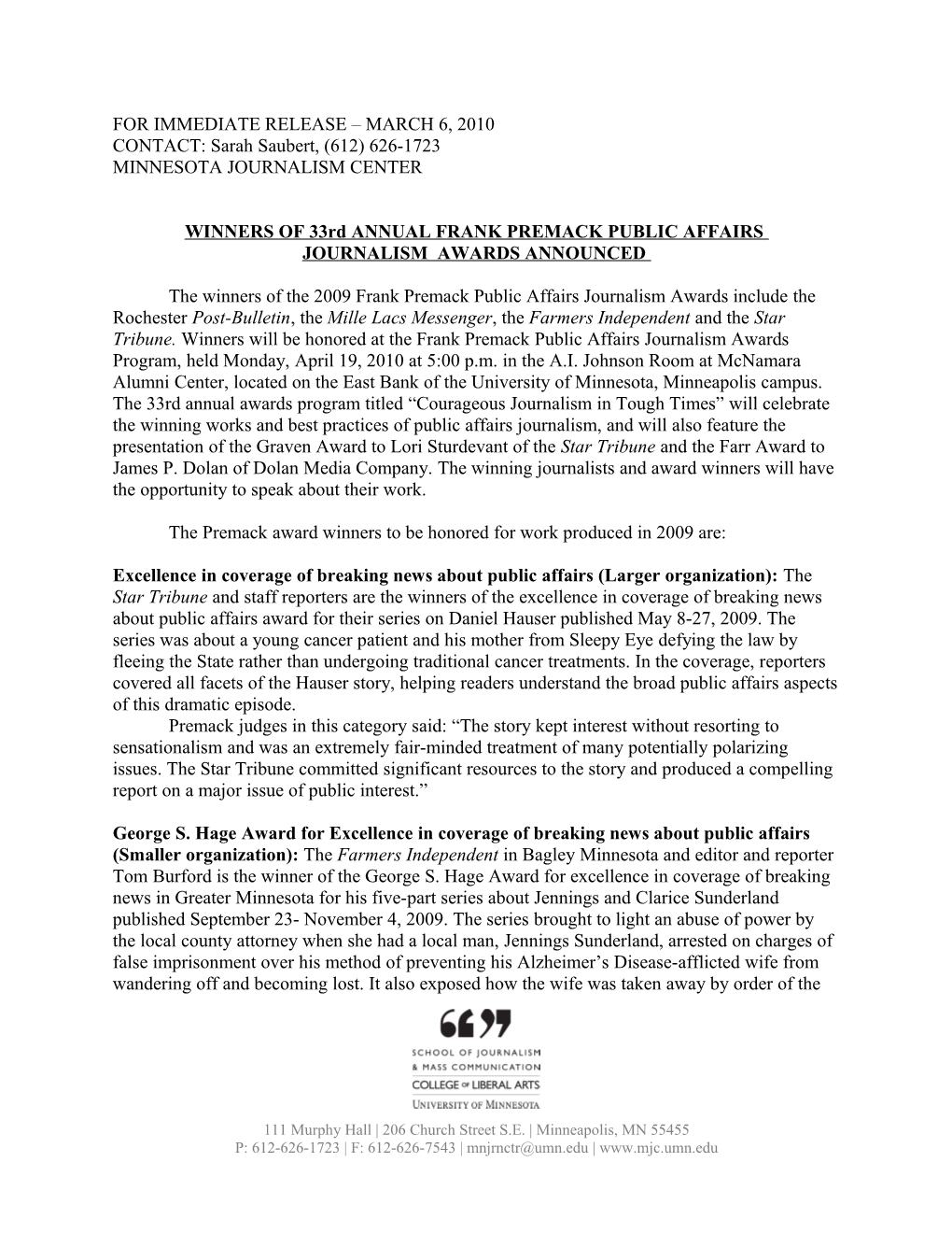For Immediate Release March 8, 2008