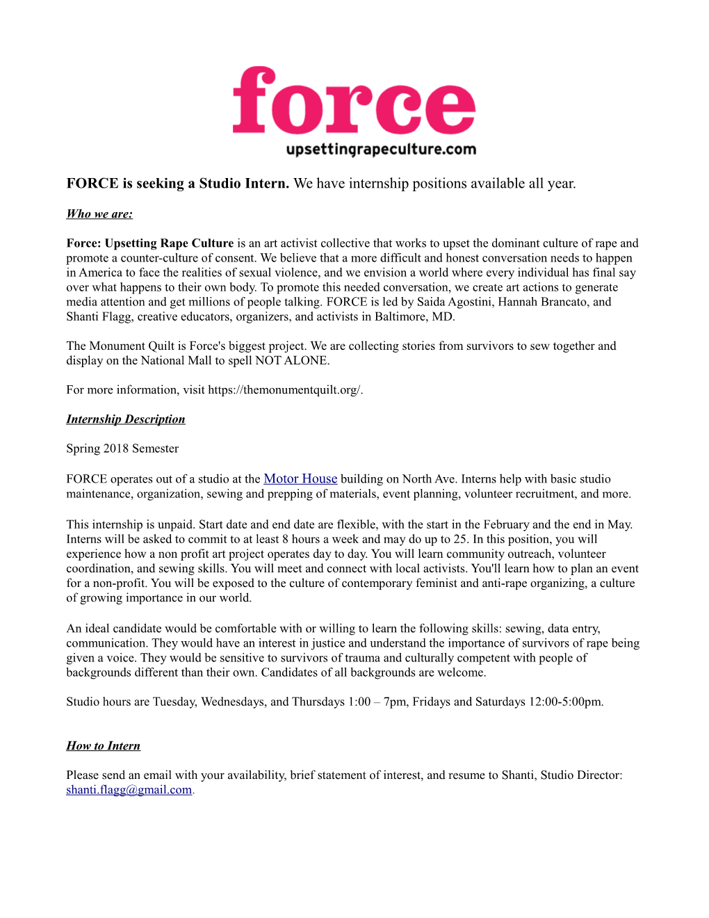 FORCE Is Seeking a Studio Intern. We Have Internship Positions Available All Year