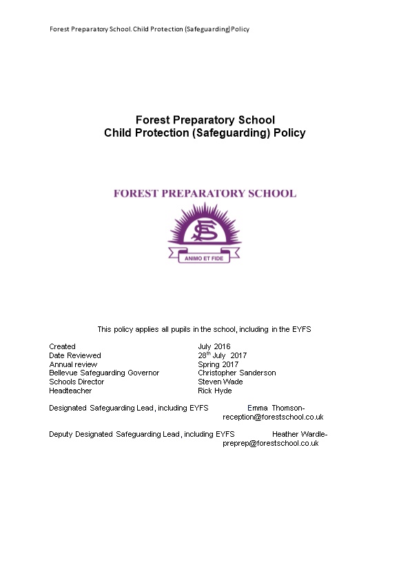 Forest Preparatory School. Child Protection (Safeguarding) Policy