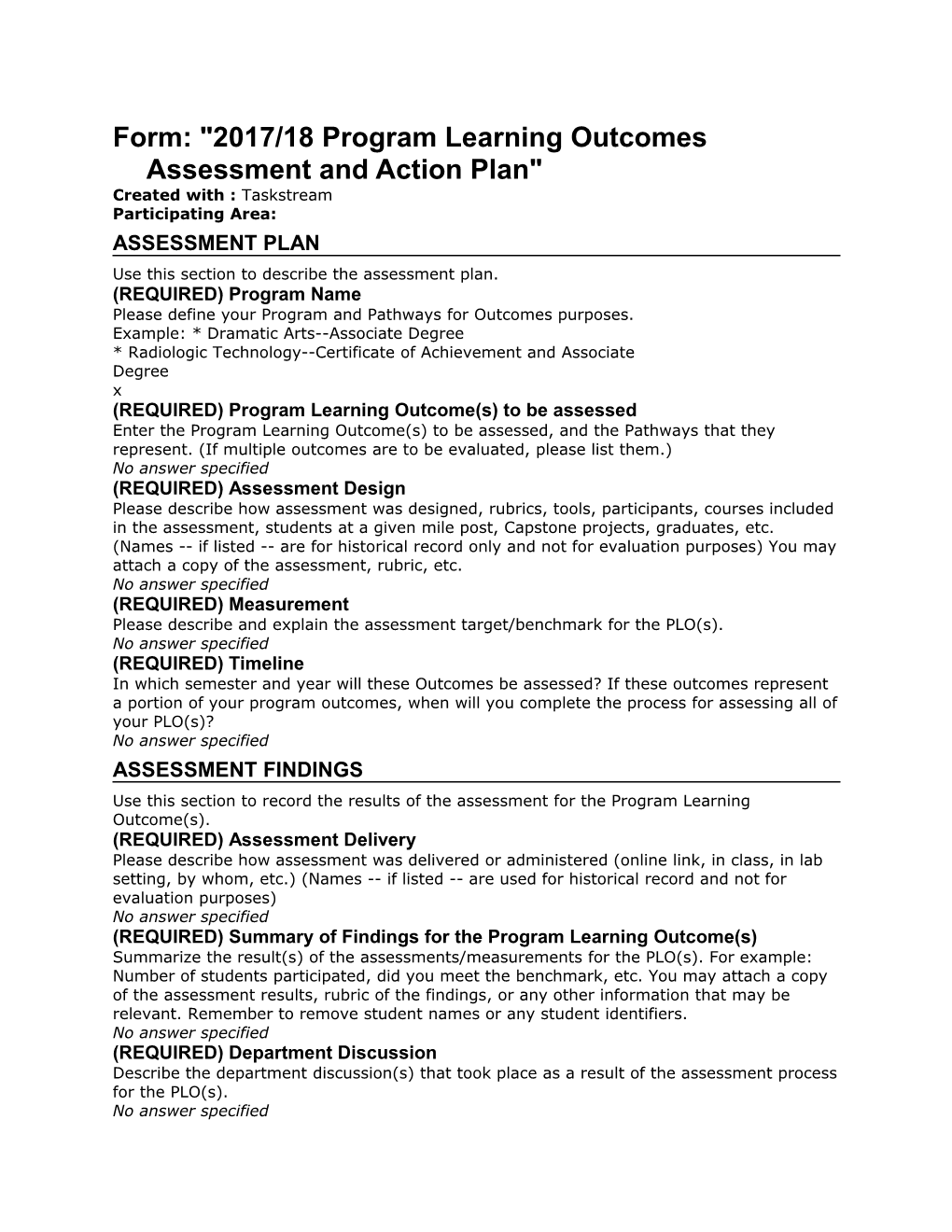 Form: 2017/18 Program Learning Outcomes Assessment and Action Plan