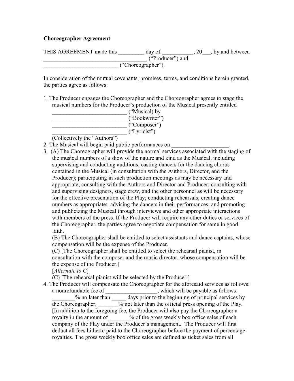 Form 25 Choreographer Agreement