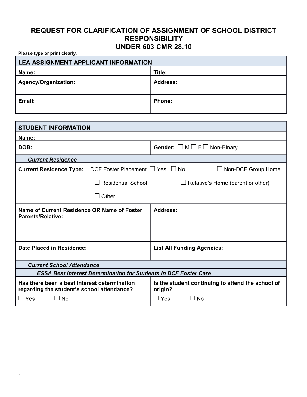 Form 28M2, Revised: Request for Clarification of Assignment of School District Responsibility