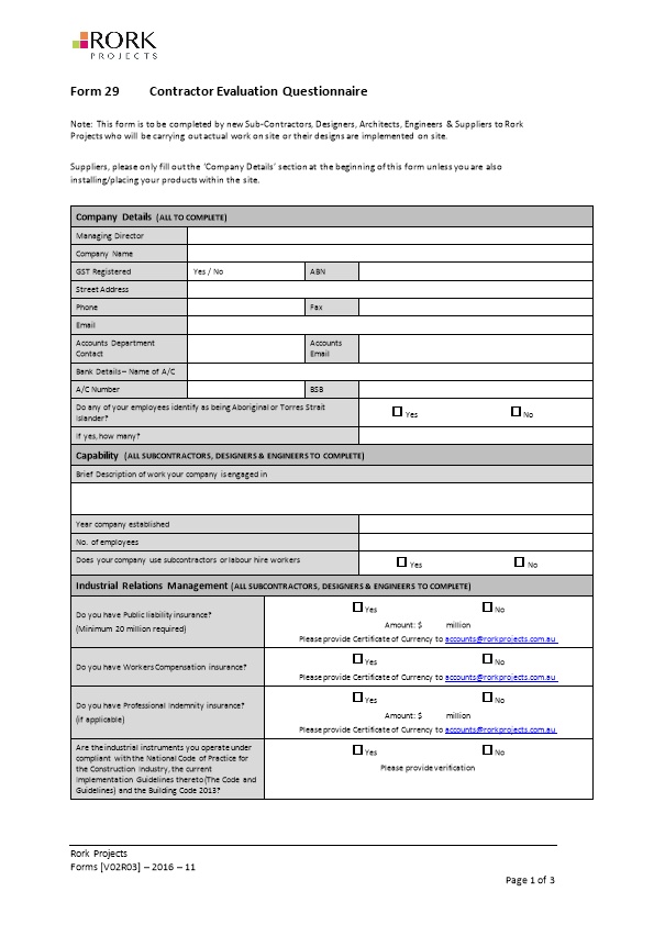 Form 29Contractor Evaluation Questionnaire