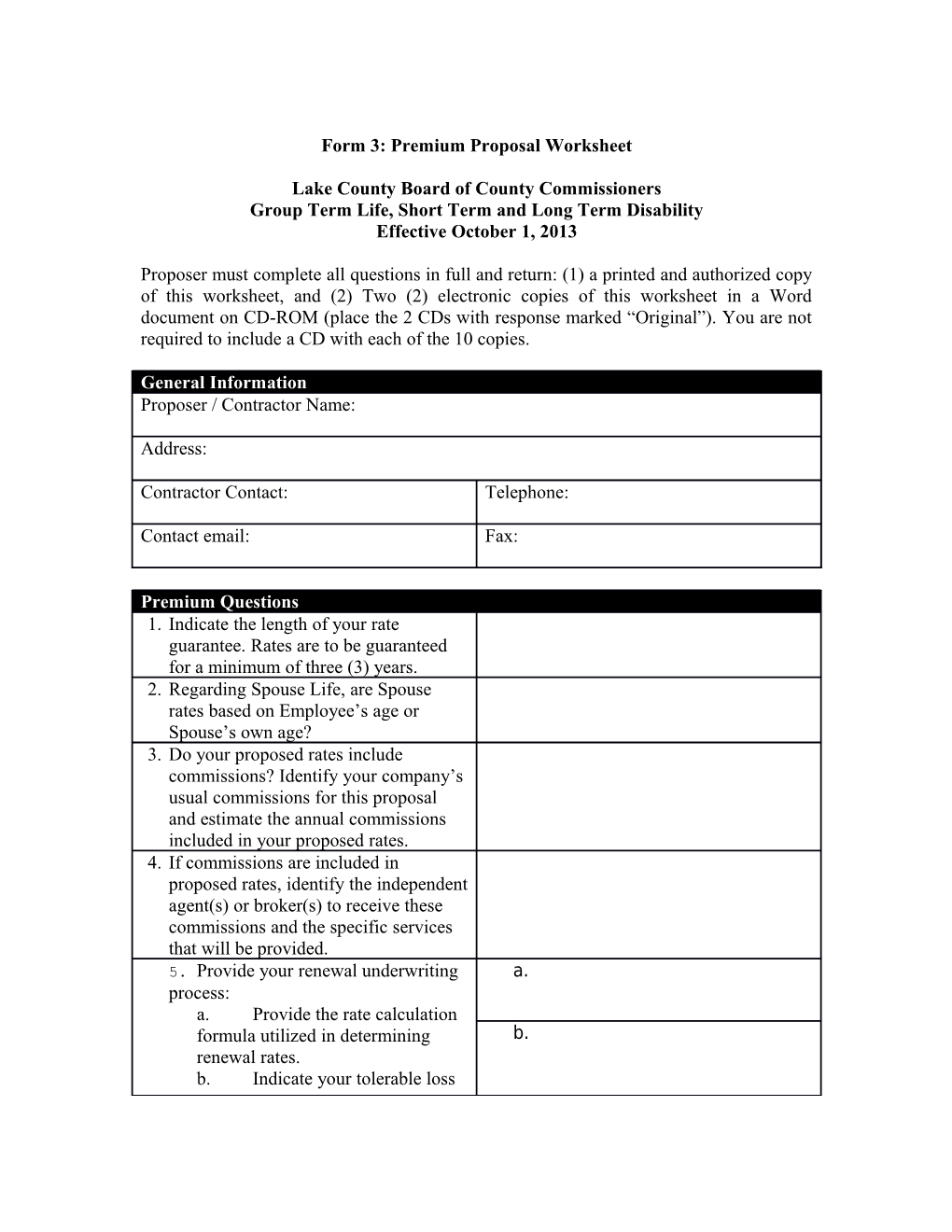 Form 3: Premium Proposal Worksheet