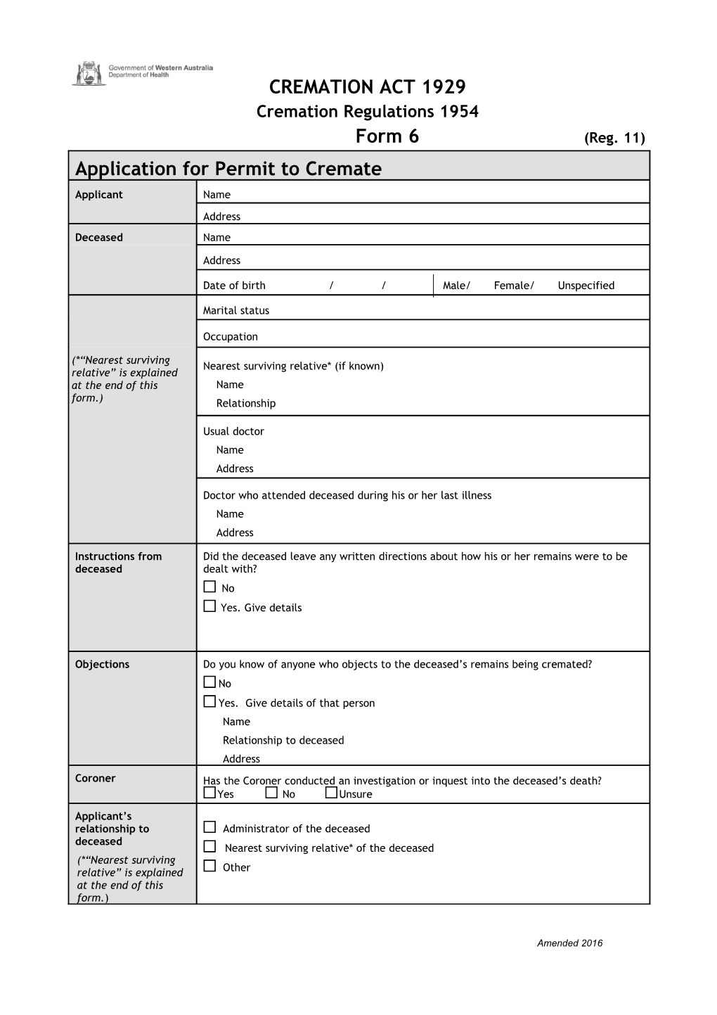 Form 6: Application for Permit to Cremate