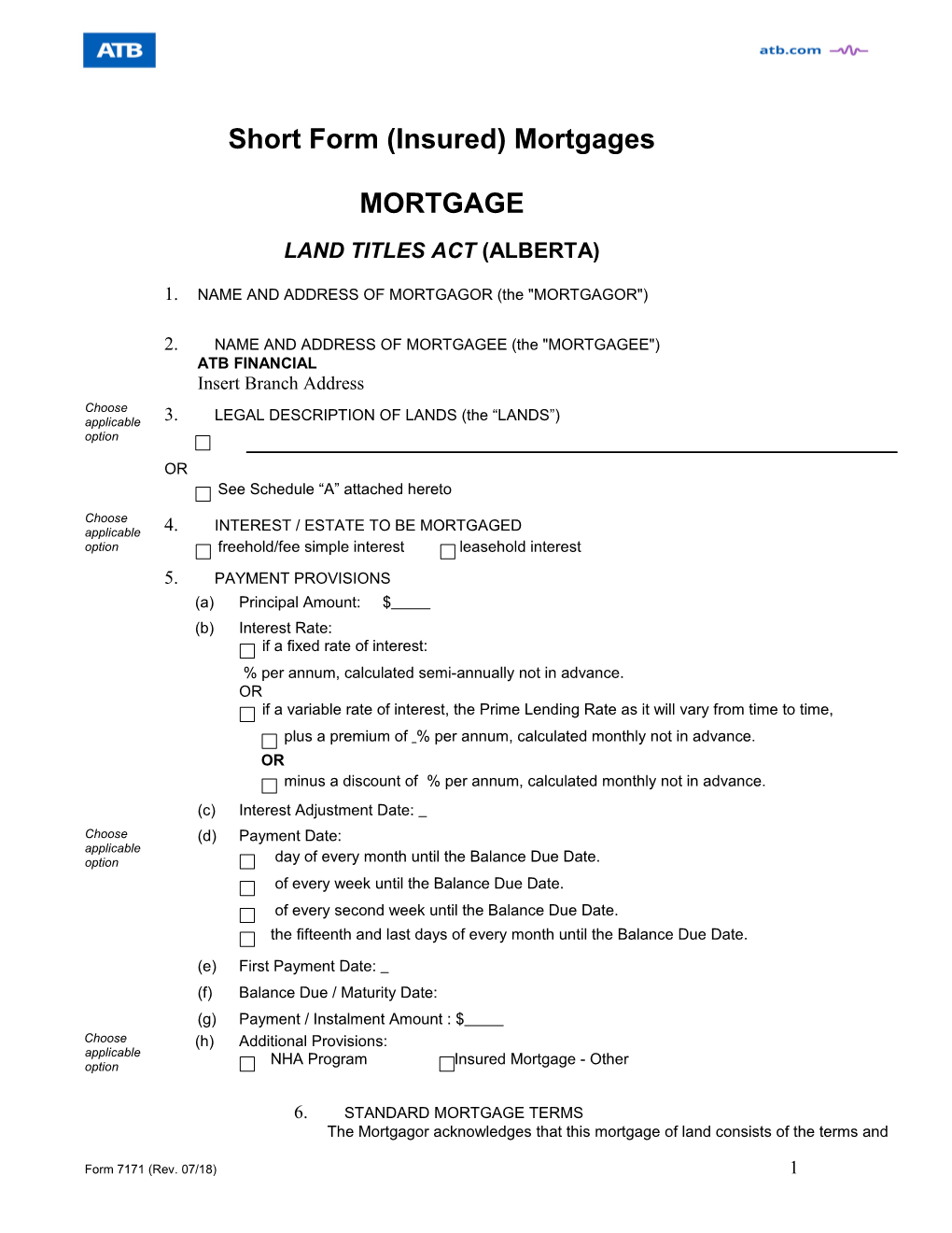 Form 7171 Short Form Insured Mortgages