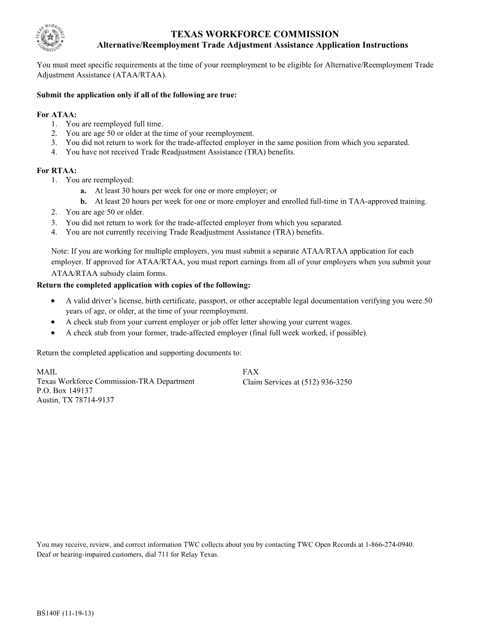 Form BS140F: Alternative/Reemployment Trade Adjustment Assistance Application