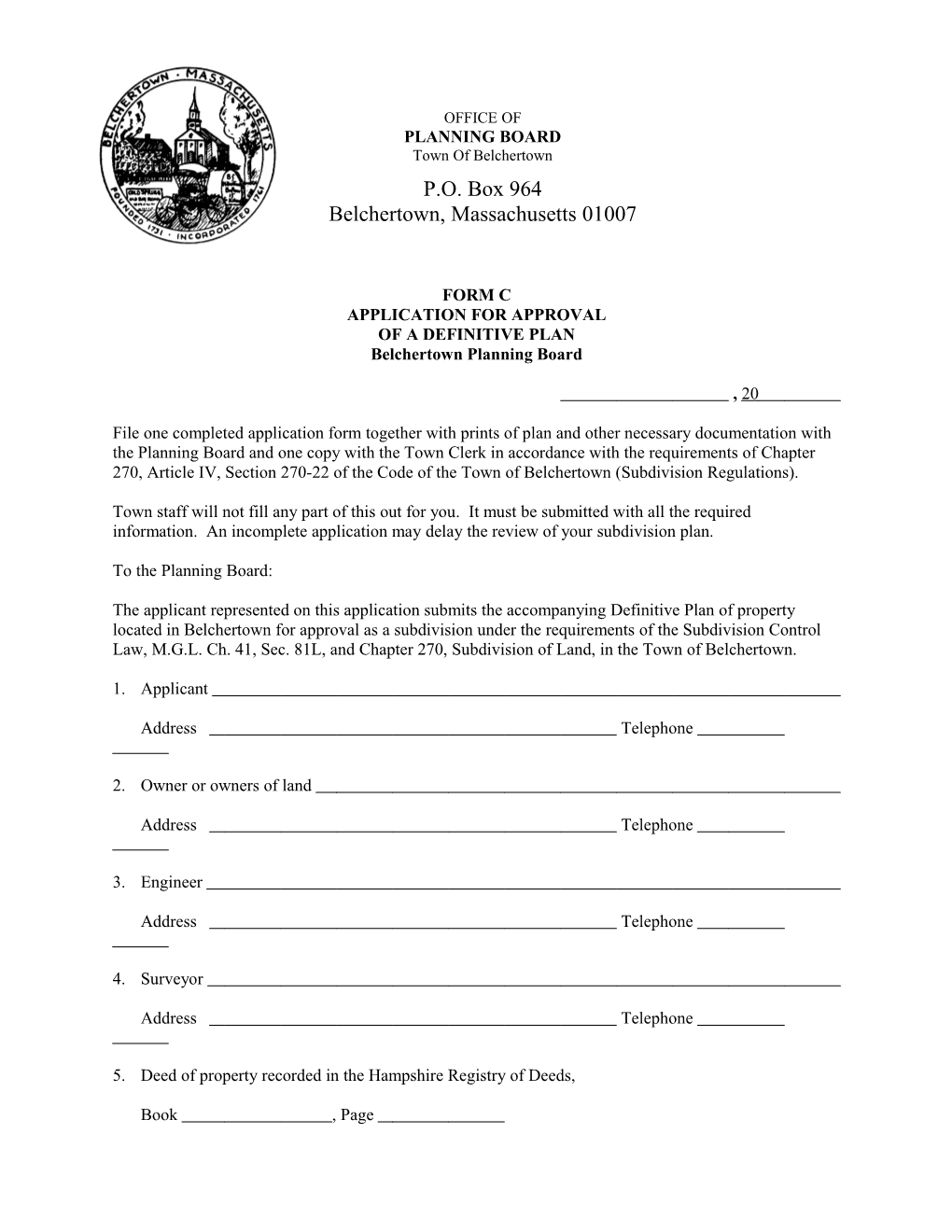 FORM C - Application for a Definitive Subdivision1