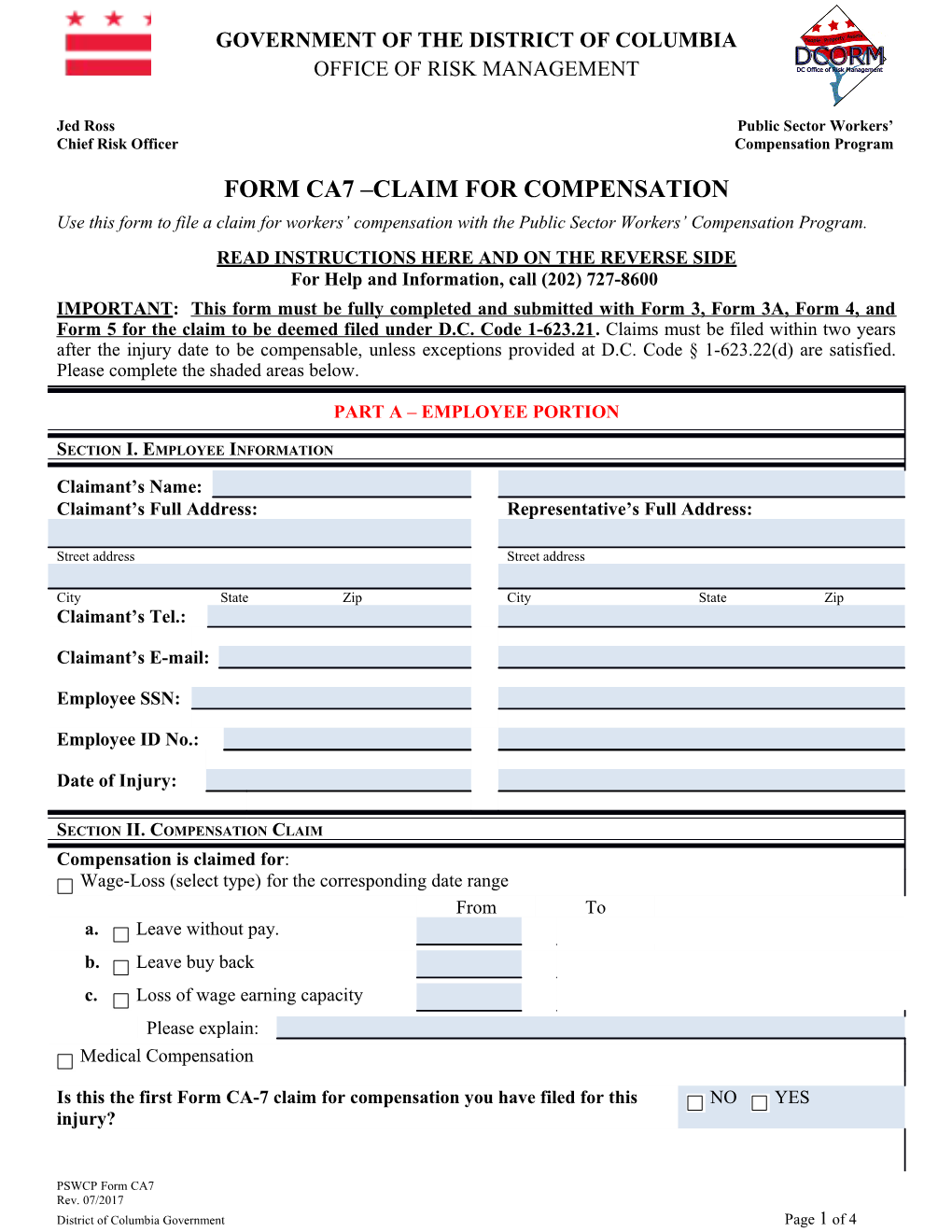 Form Ca7 Claim for Compensation