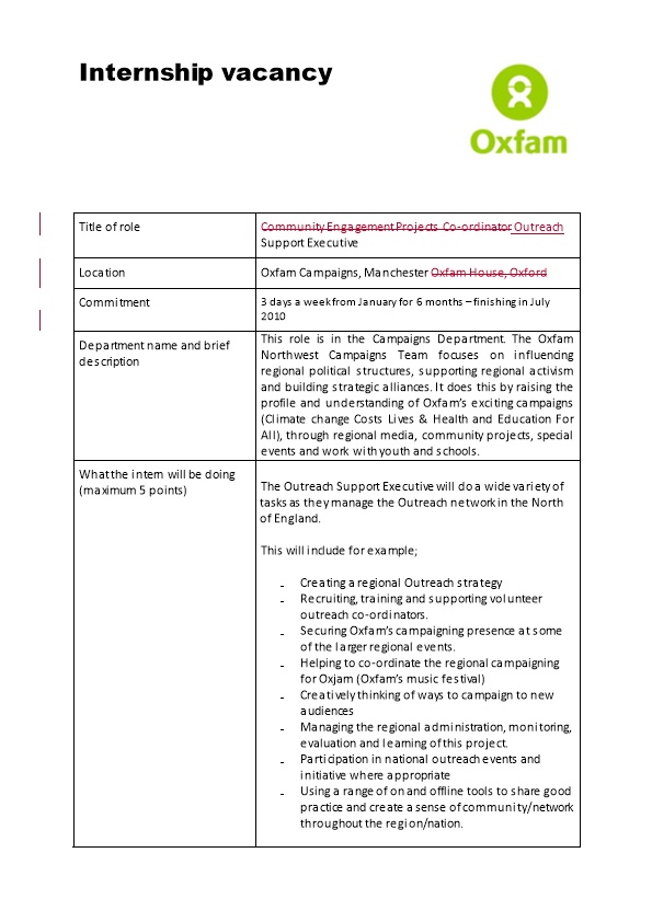 Form for Advertising a Volunteer Vacancy on the Oxfam Website
