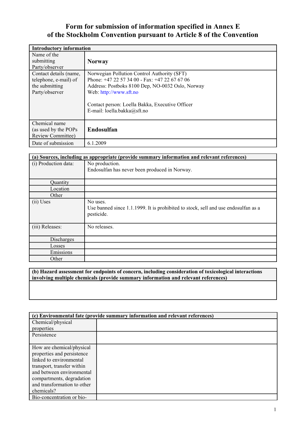Form for Submission of Information Specified in Annex E