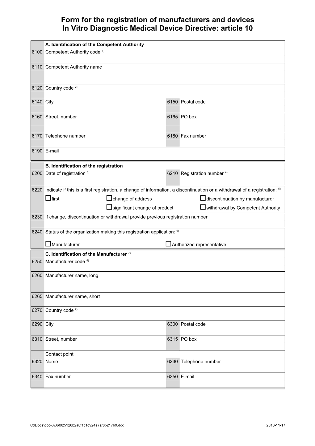 Form for the Registration of Manufacturers and Devices