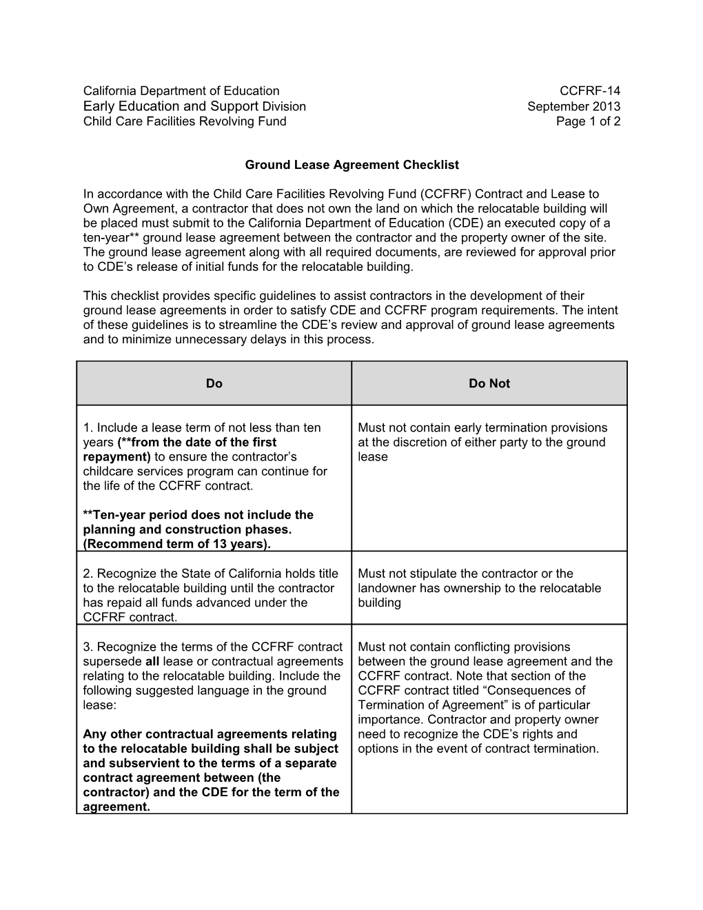 Form14-11: Lease Checklist - Child Development (CA Dept of Education)