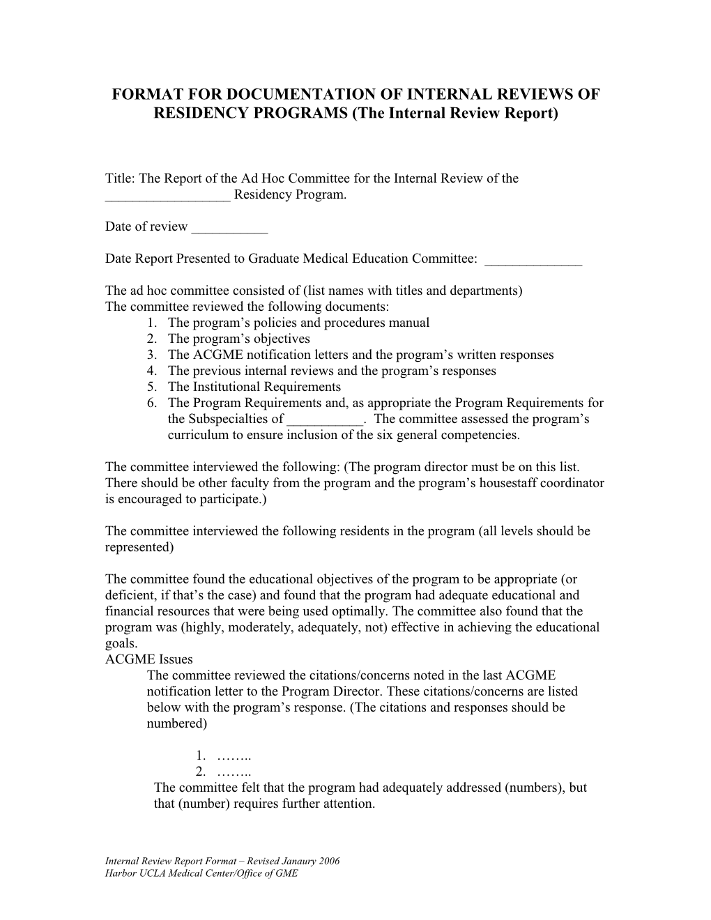Format for Documentation of Internal Reviews of Residency Programs