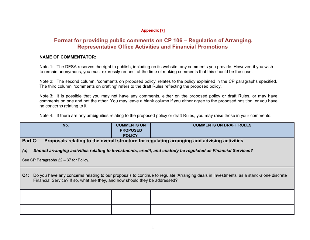 Format for Providing Public Comments on CP 106 Regulation of Arranging, Representative