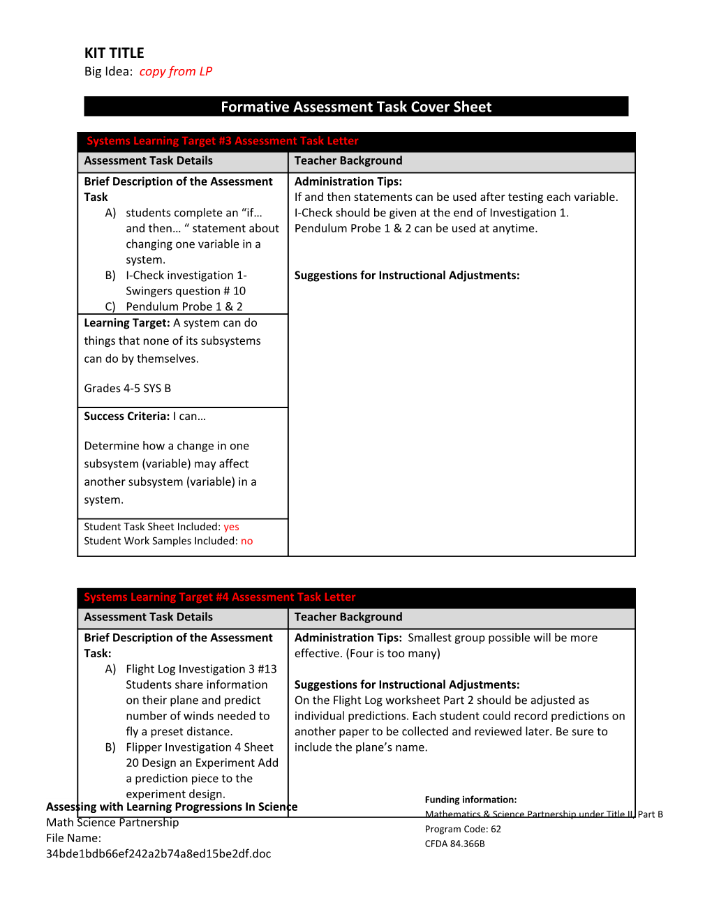 Formative Assessment Task Cover Sheet