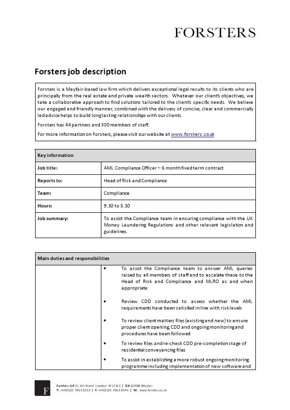 Forsters Job Description