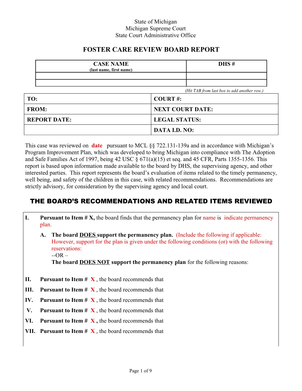 Foster Care Review Board Report