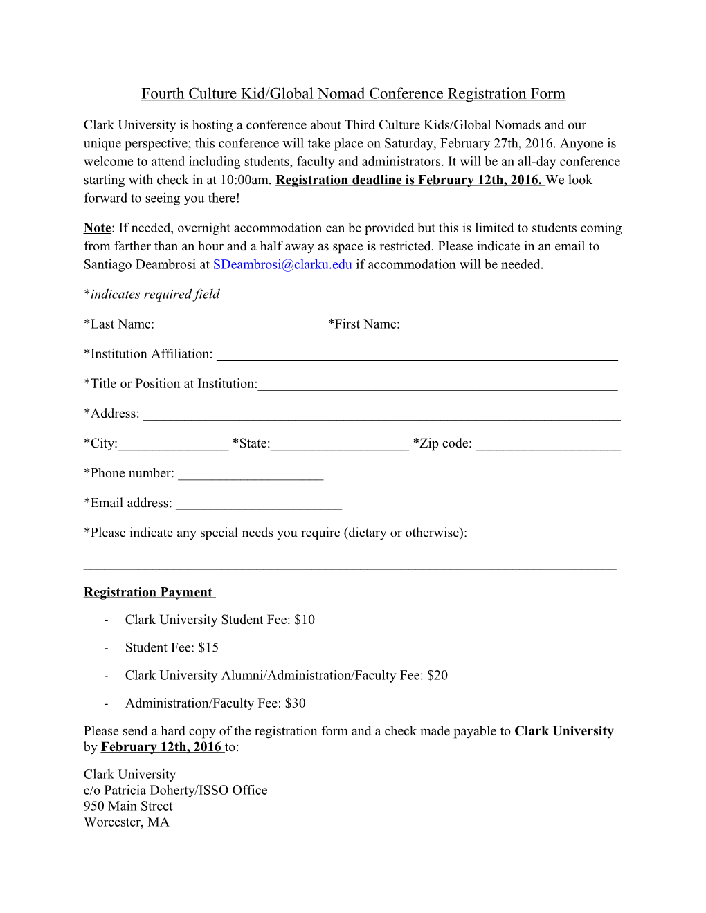 Fourth Culture Kid/Global Nomad Conference Registration Form