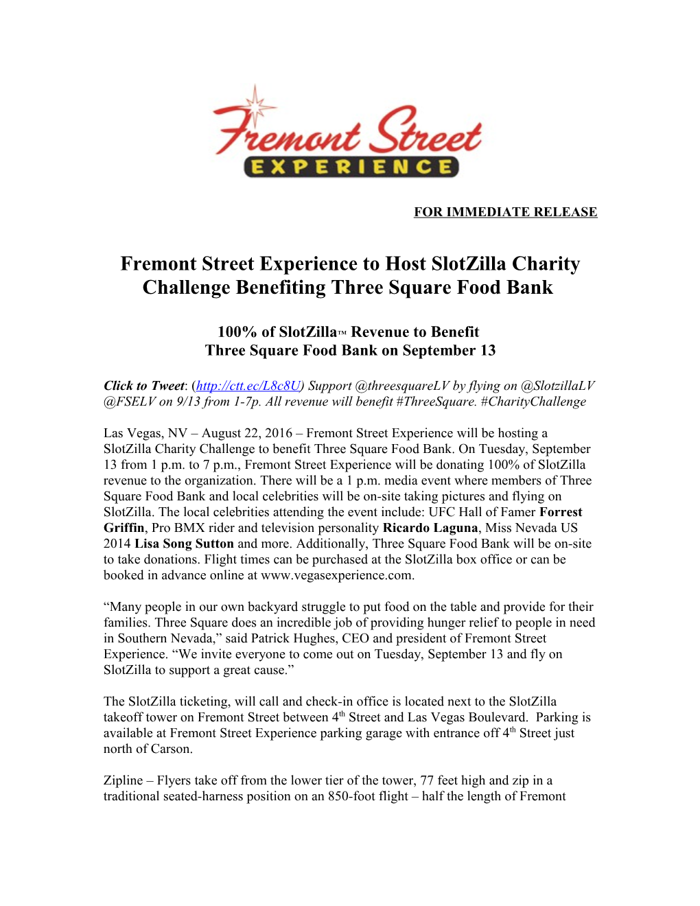 Fremont Street Experience to Hostslotzilla Charity Challenge Benefiting Three Square Food Bank