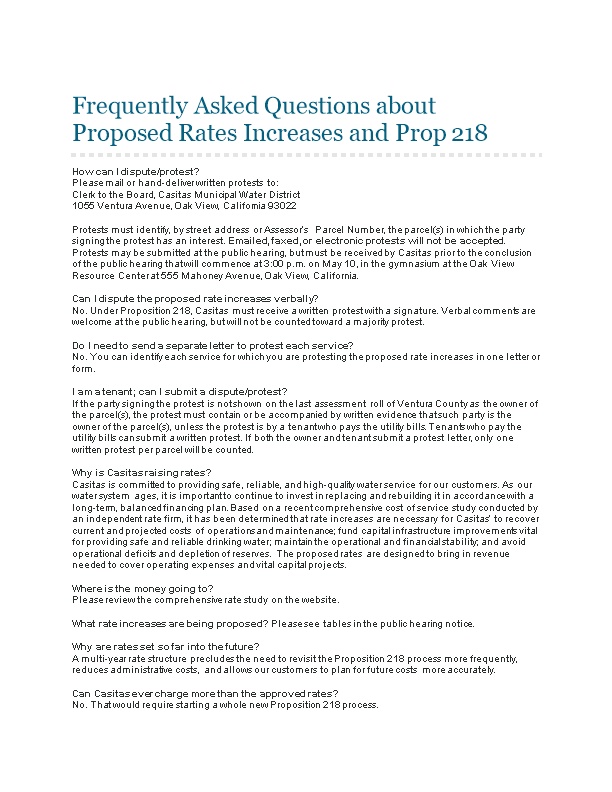 Frequently Asked Questions About Proposed Rates Increases and Prop 218