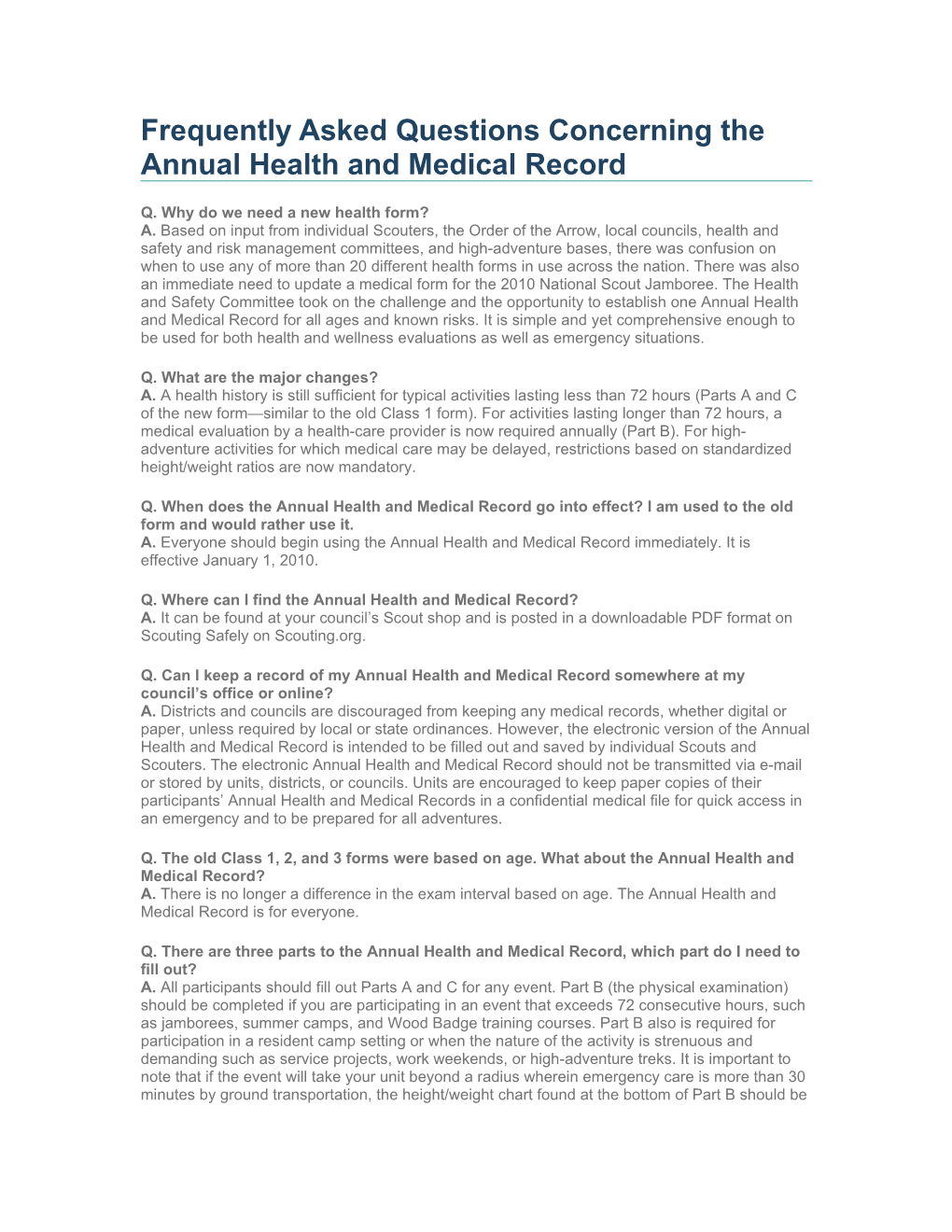 Frequently Asked Questions Concerning the Annual Health and Medical Record