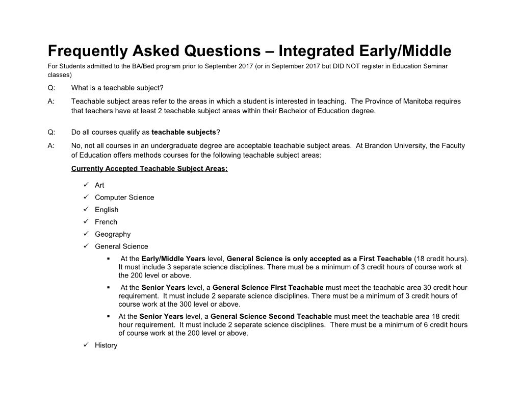Frequently Asked Questions Integrated Early/Middle