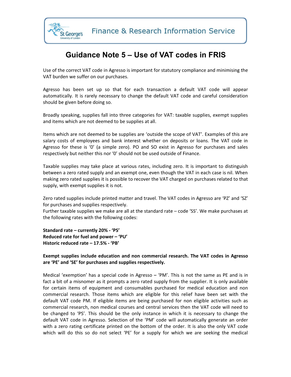 FRIS Guidance on VAT and the Use of VAT Codes in Agresso
