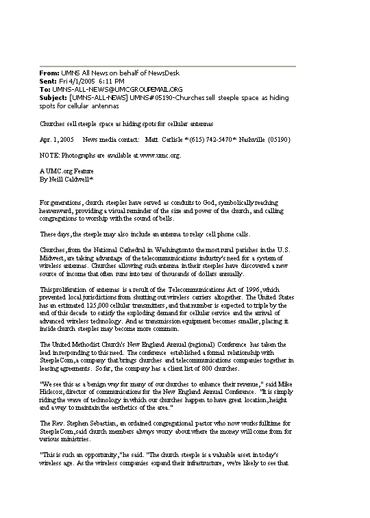 From: UMNS All News on Behalf of Newsdesk Sent: Fri 4/1/2005 6:11 PM To: Subject: UMNS-ALL-NEWS