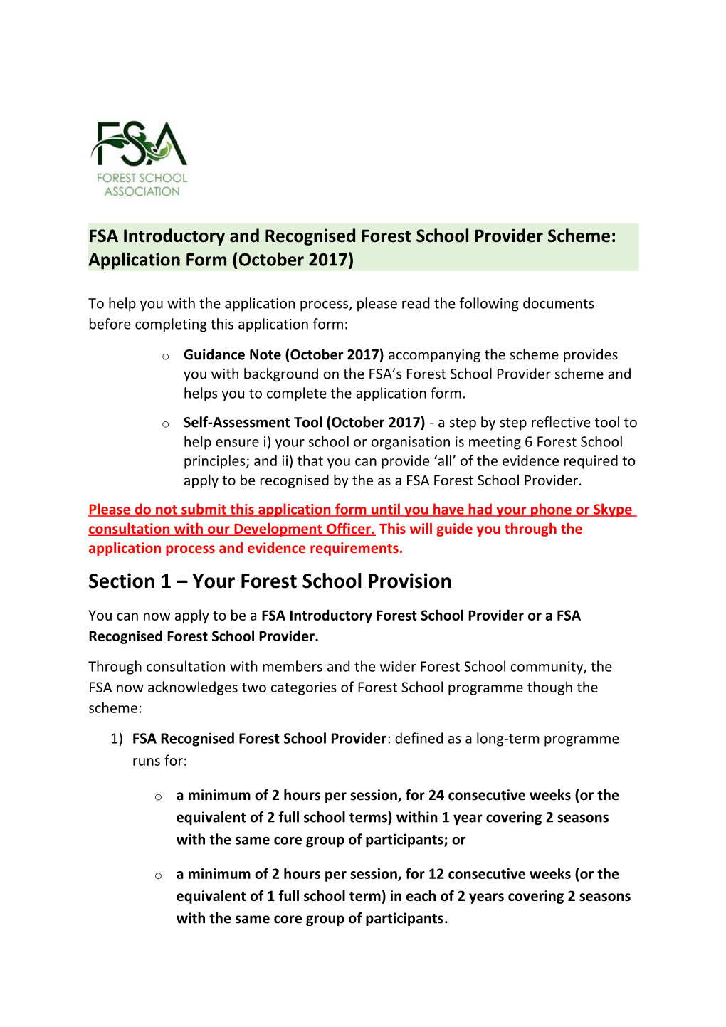 FSA Introductory and Recognised Forest School Provider Scheme