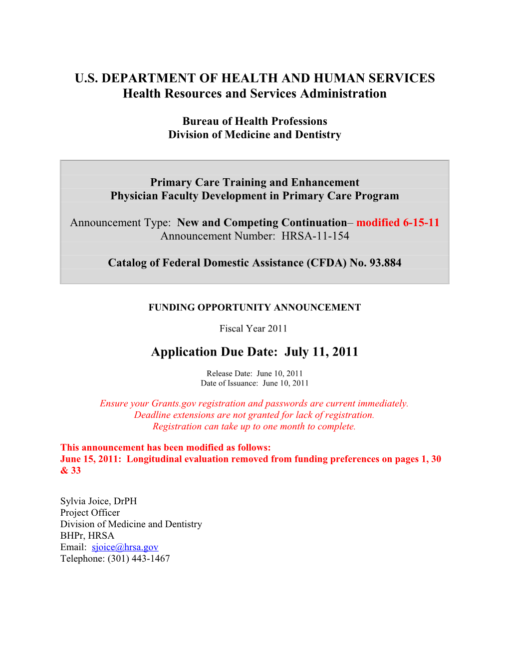 Funding Opportunity Announcement HRSA-11-154