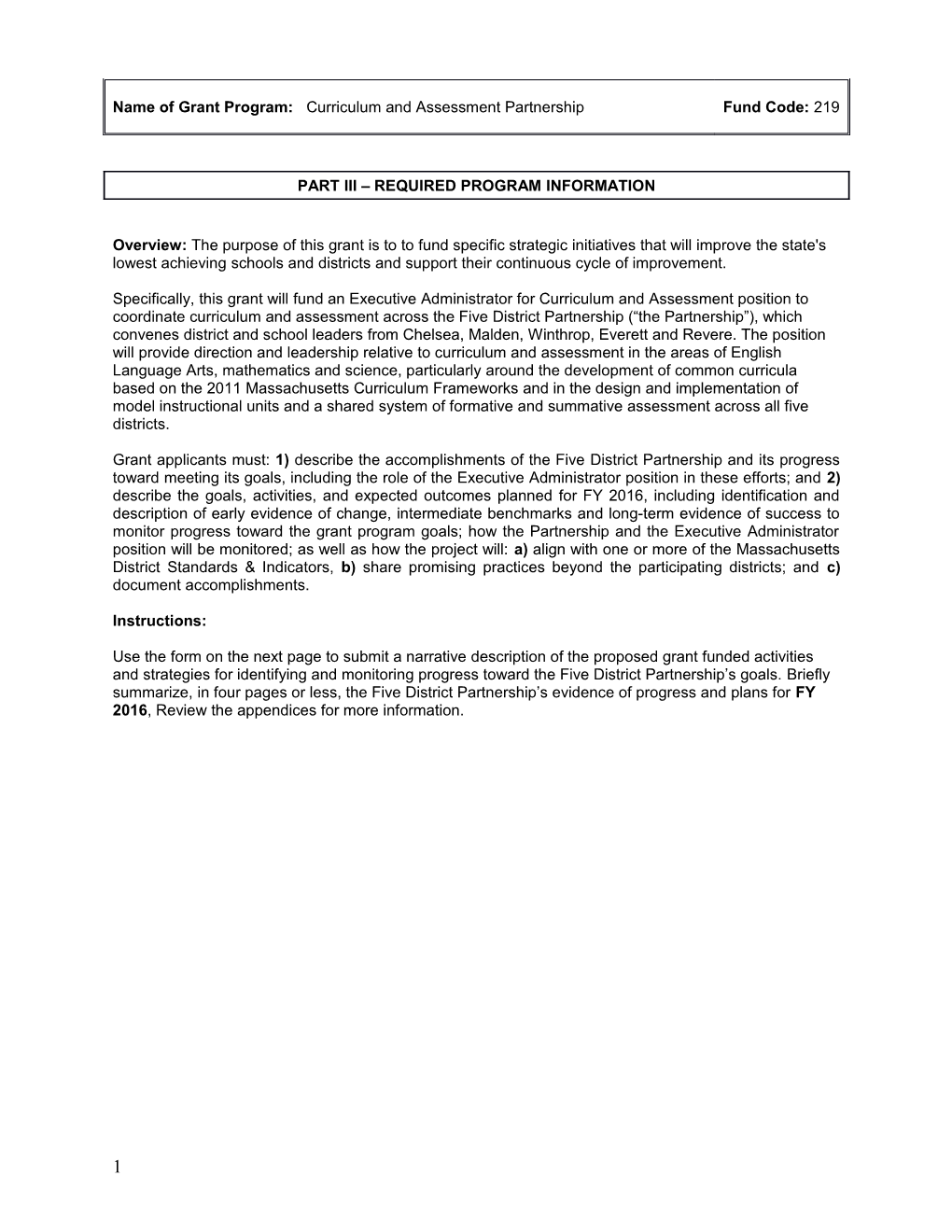 FY2016 Fund Code 219 Curriculum and Assessment Partnership Part III