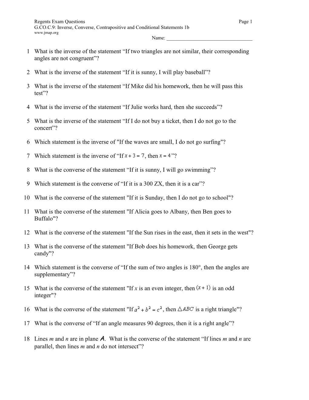 G.CO.C.9: Inverse, Converse, Contrapositive and Conditional Statements 1B