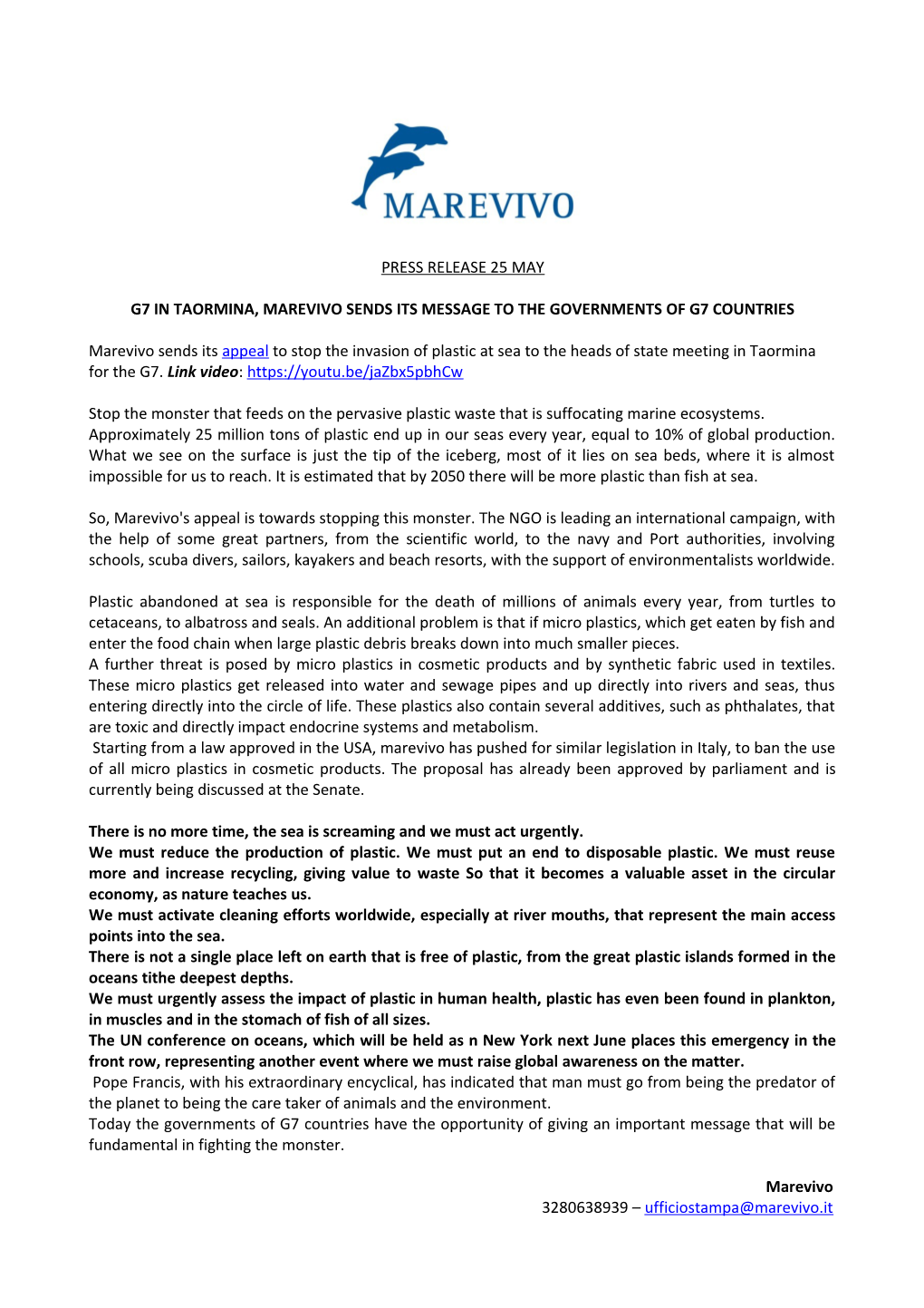 G7 in Taormina, Marevivo Sends Its Message to the Governments of G7 Countries