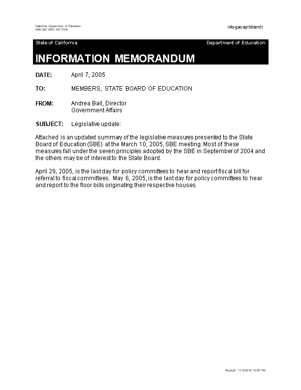 GAB Item 01 April 2005 - Information Memorandum (CA State Board of Education)