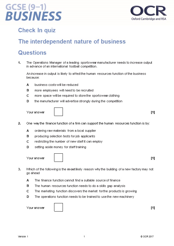 GCSE (9-1) Business Check in Test - the Interdependent Nature of Business