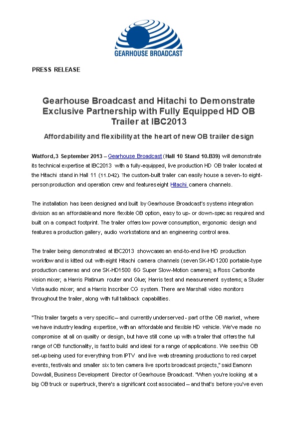 Gearhouse Broadcast and Hitachi to Demonstrate Exclusive Partnership with Fully Equipped