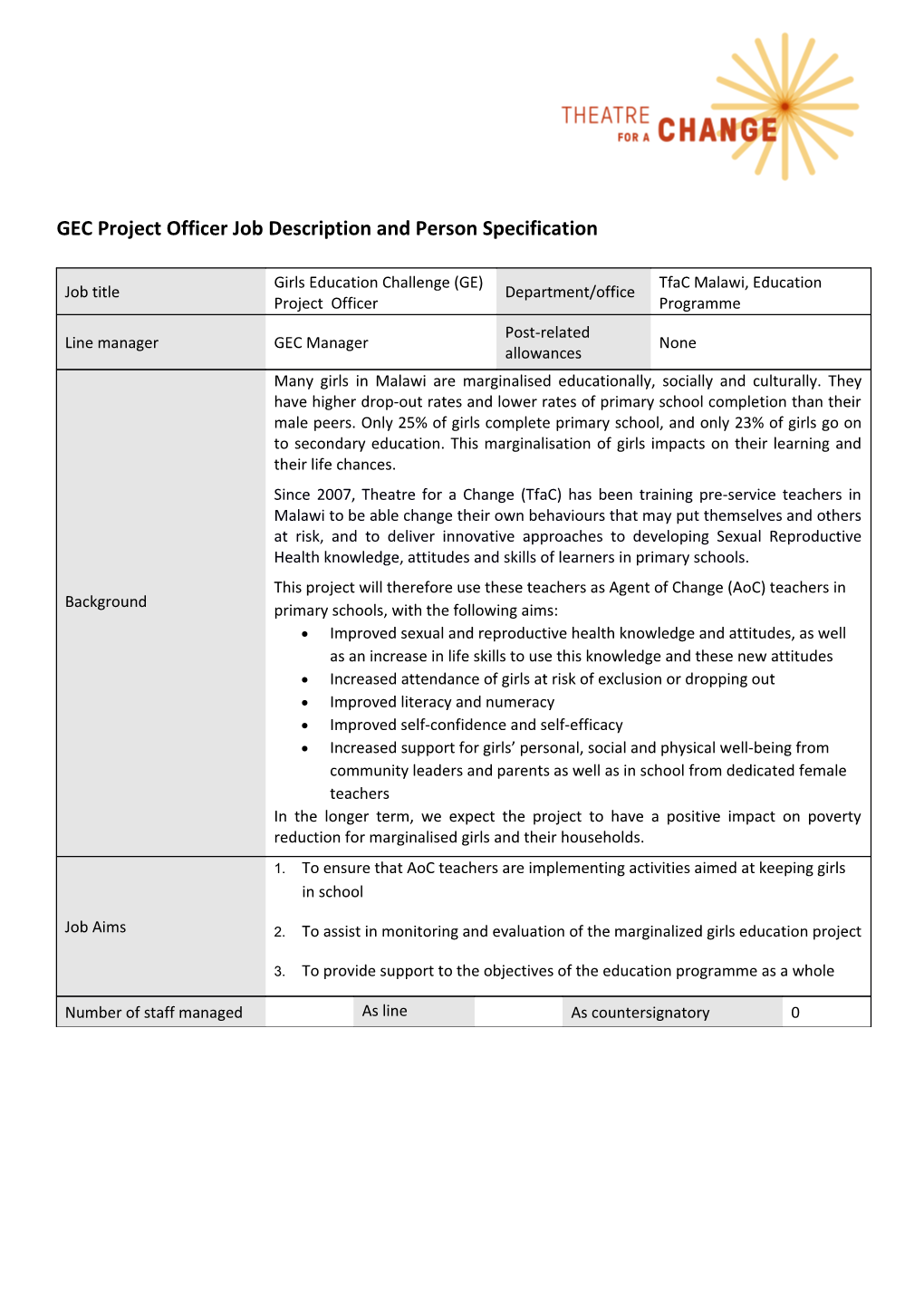 GEC Project Officer Job Description and Person Specification