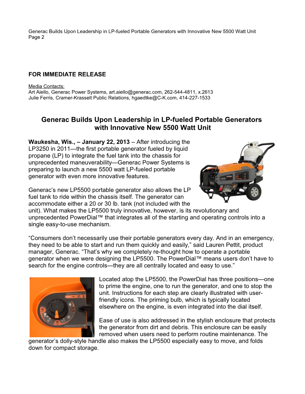 Generac Builds Upon Leadership in LP-Fueled Portable Generatorswith Innovative New 5500