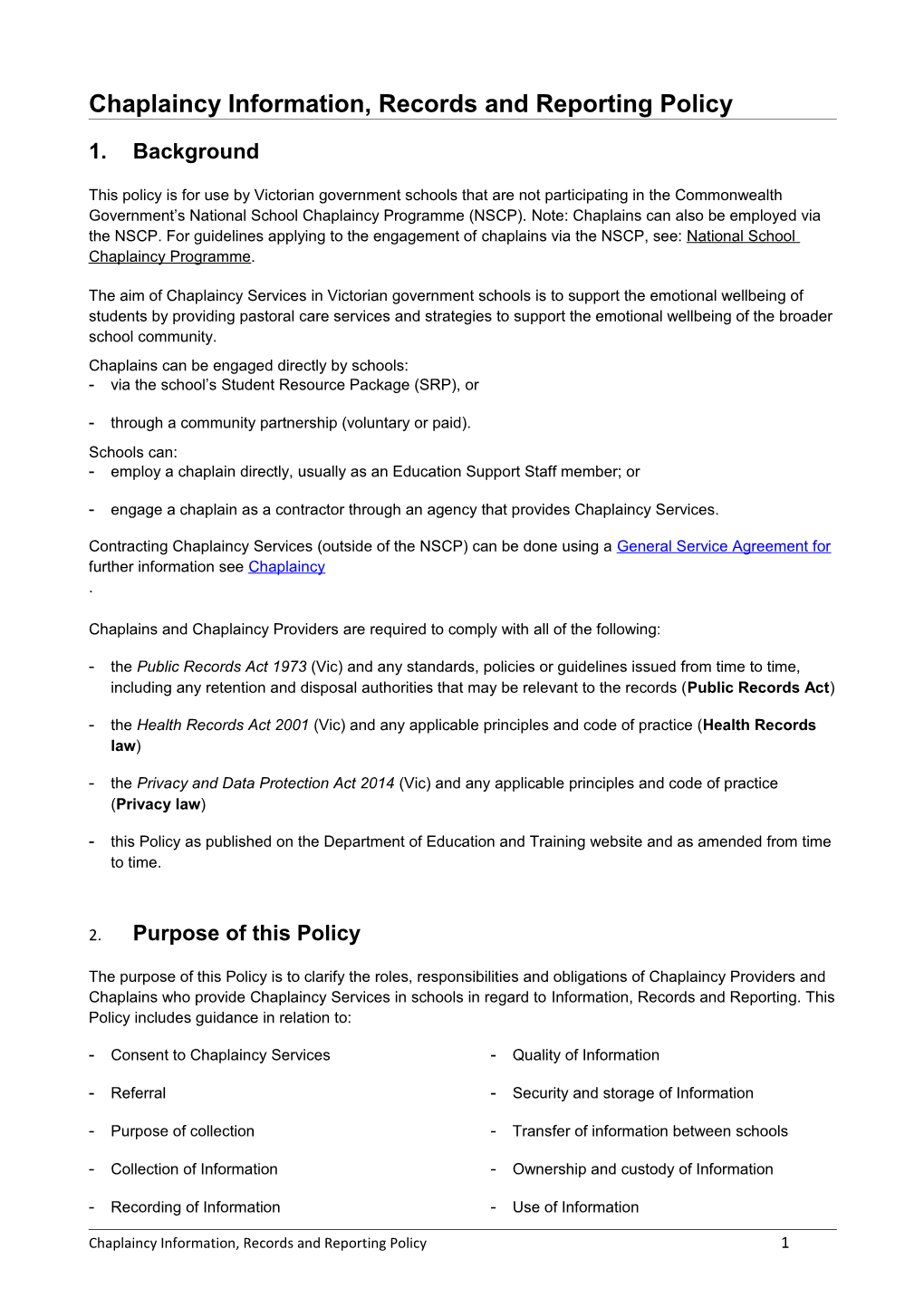 General Chaplaincy Information Records Reporting Policy