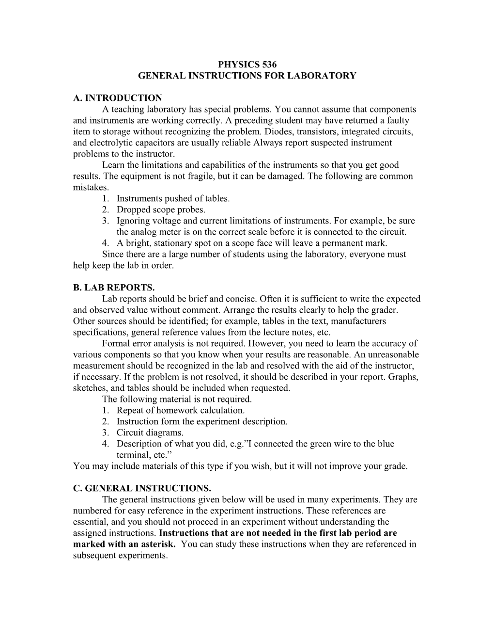 General Instructions for Laboratory