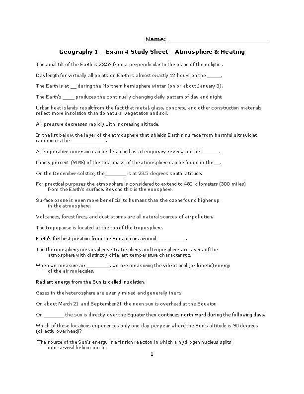 Geography 1 Exam 4 Study Sheet Atmosphere Heating