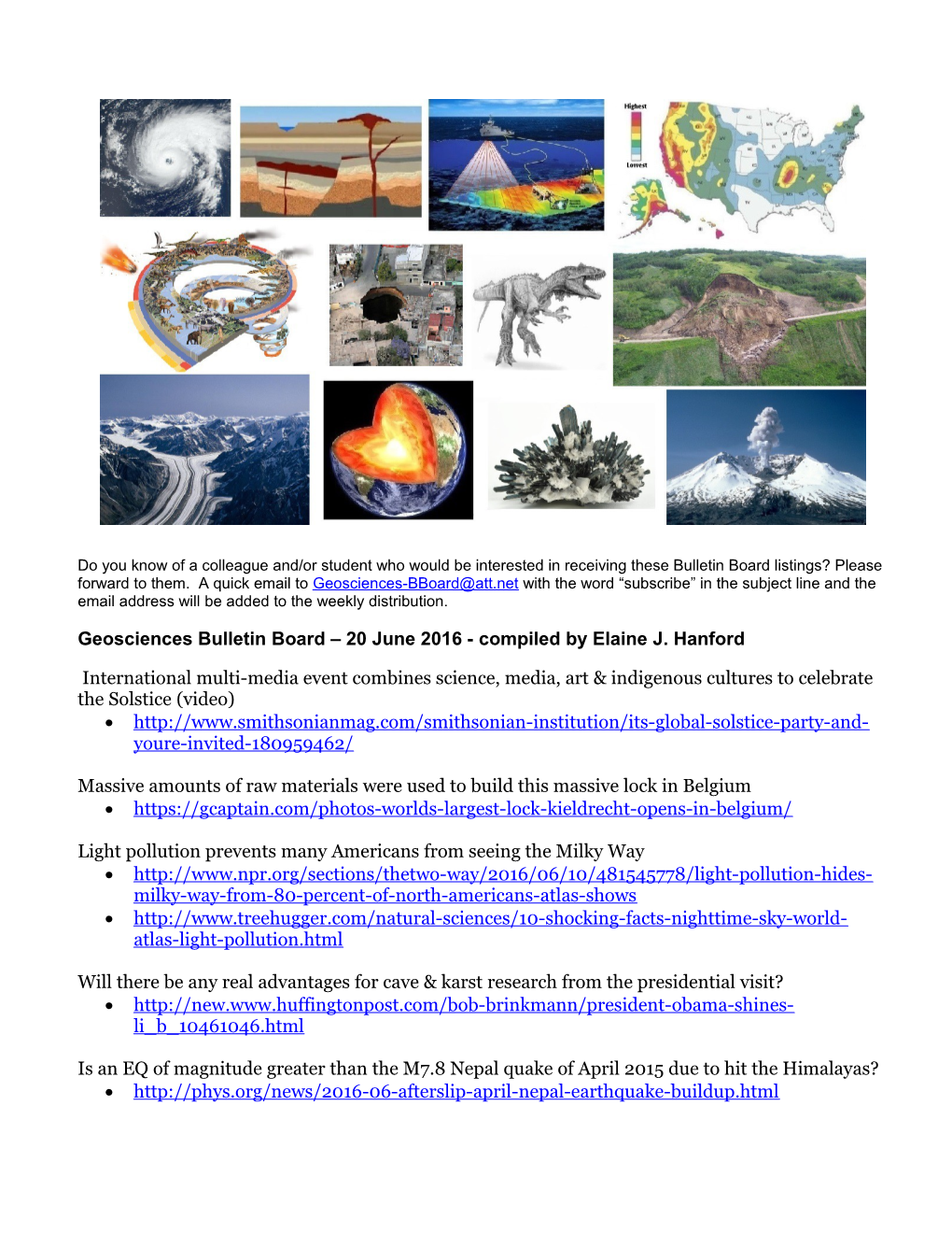 Geosciences Bulletin Board 20 June 2016- Compiled by Elaine J. Hanford
