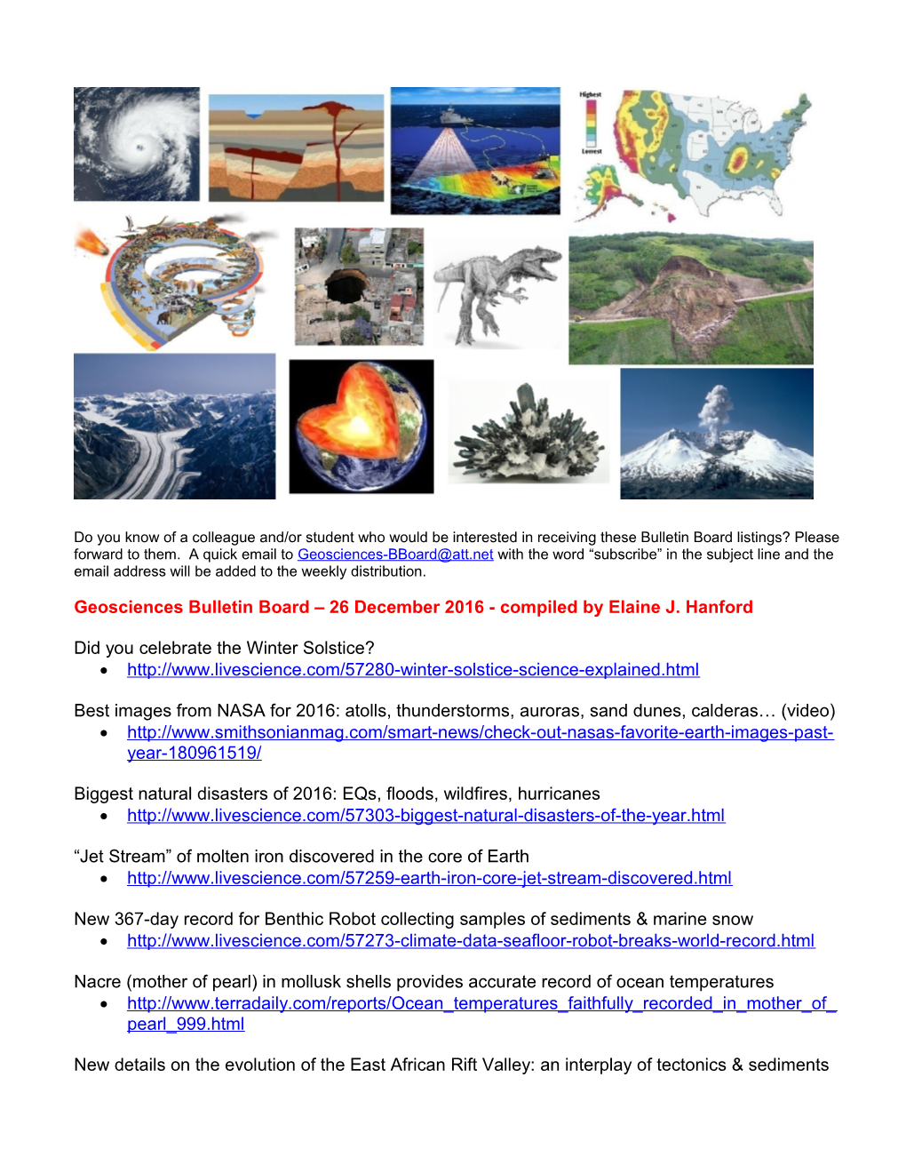Geosciences Bulletin Board 26 December2016- Compiled by Elaine J. Hanford