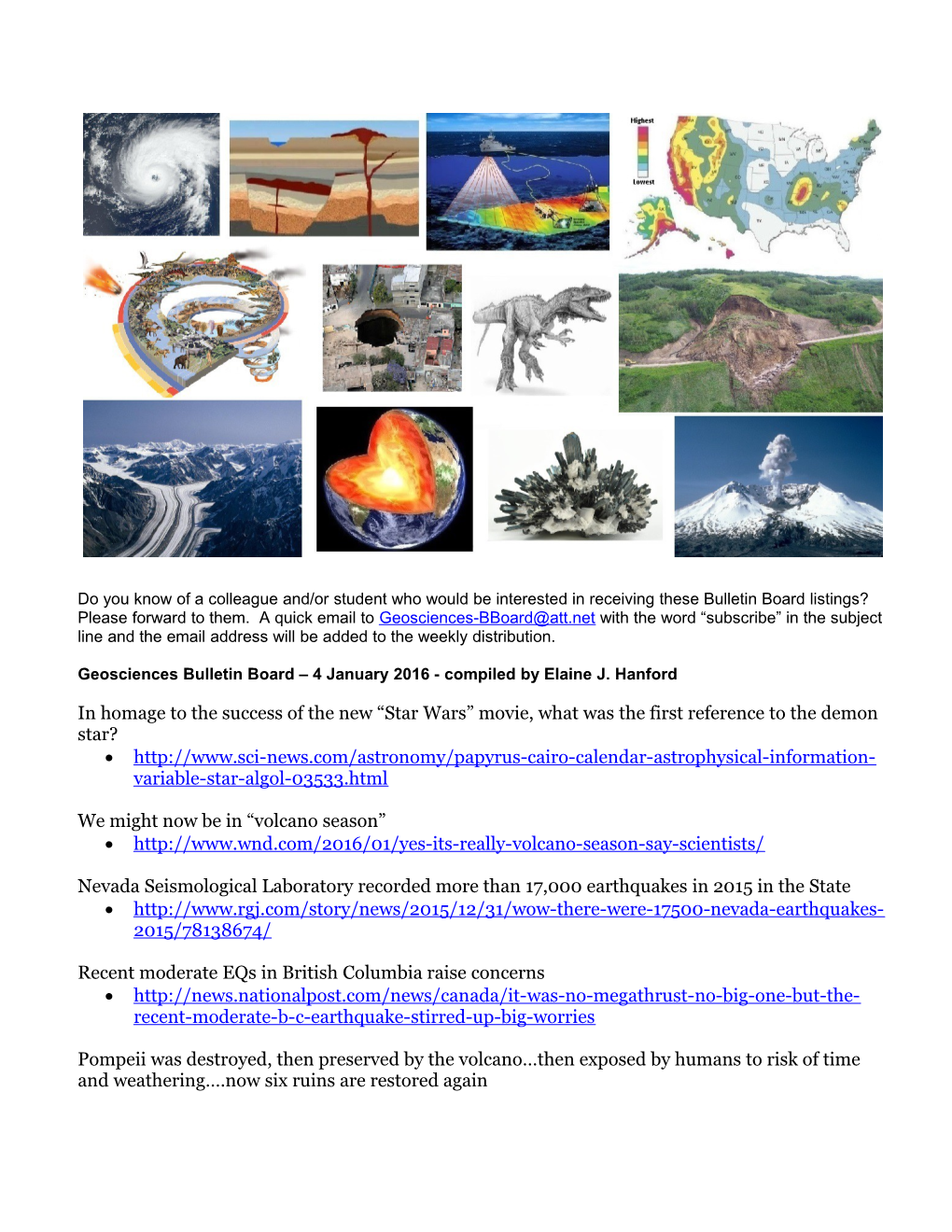 Geosciences Bulletin Board 4 January 2016- Compiled by Elaine J. Hanford