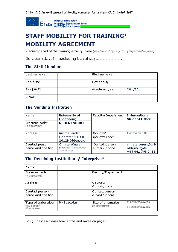 Gfna-II.7-C-Annex-Erasmus+ Staff Mobility Agreement for Training KA103, KA107, 2017